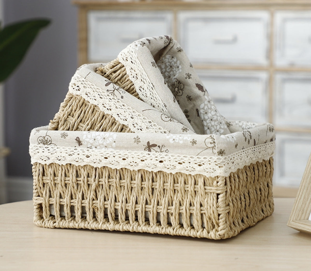 Handwoven Decorative storage basket with fabric lining